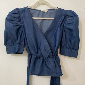 Denim Wrap Blouse, Puff Sleeve, Tie Waist, V-Neck | M